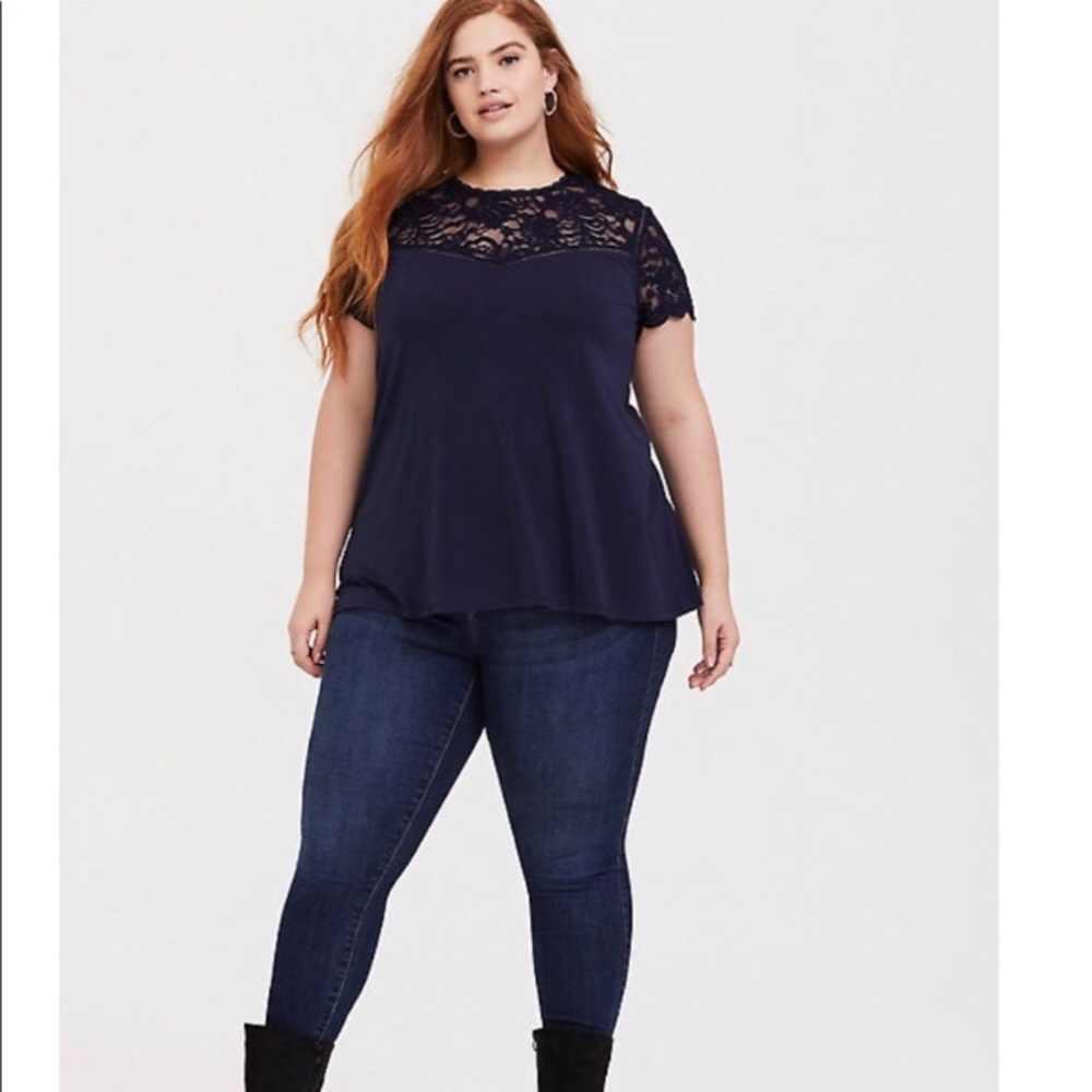 TORRID Navy Crepe Lace Sleeve Top Peacoat 3x